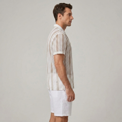 Striped Mesh Cuban Shirt & Linen Drawstring Shorts - 2 Piece Summer Outfit