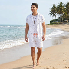 Palm Tree Anchor Sailboat Print Button Up Shirt & Swim Shorts - 2 Piece Summer Outfit