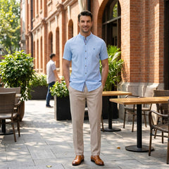 Linen Look Stand Collar Shirt & Slim Fit Tapered Trousers - 2 Piece Summer Outfit
