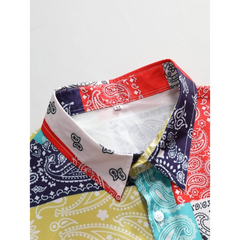 Color Block Paisley Print Button Up Shirt & Swim Shorts - 2 Piece Summer Set