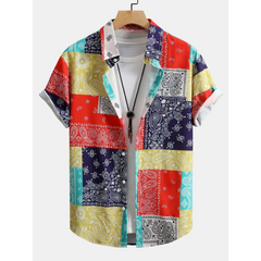 Color Block Paisley Print Button Up Shirt & Swim Shorts - 2 Piece Summer Set