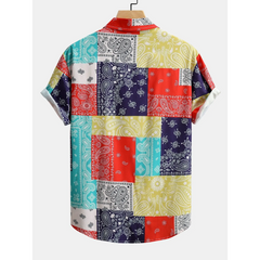 Color Block Paisley Print Button Up Shirt & Swim Shorts - 2 Piece Summer Set