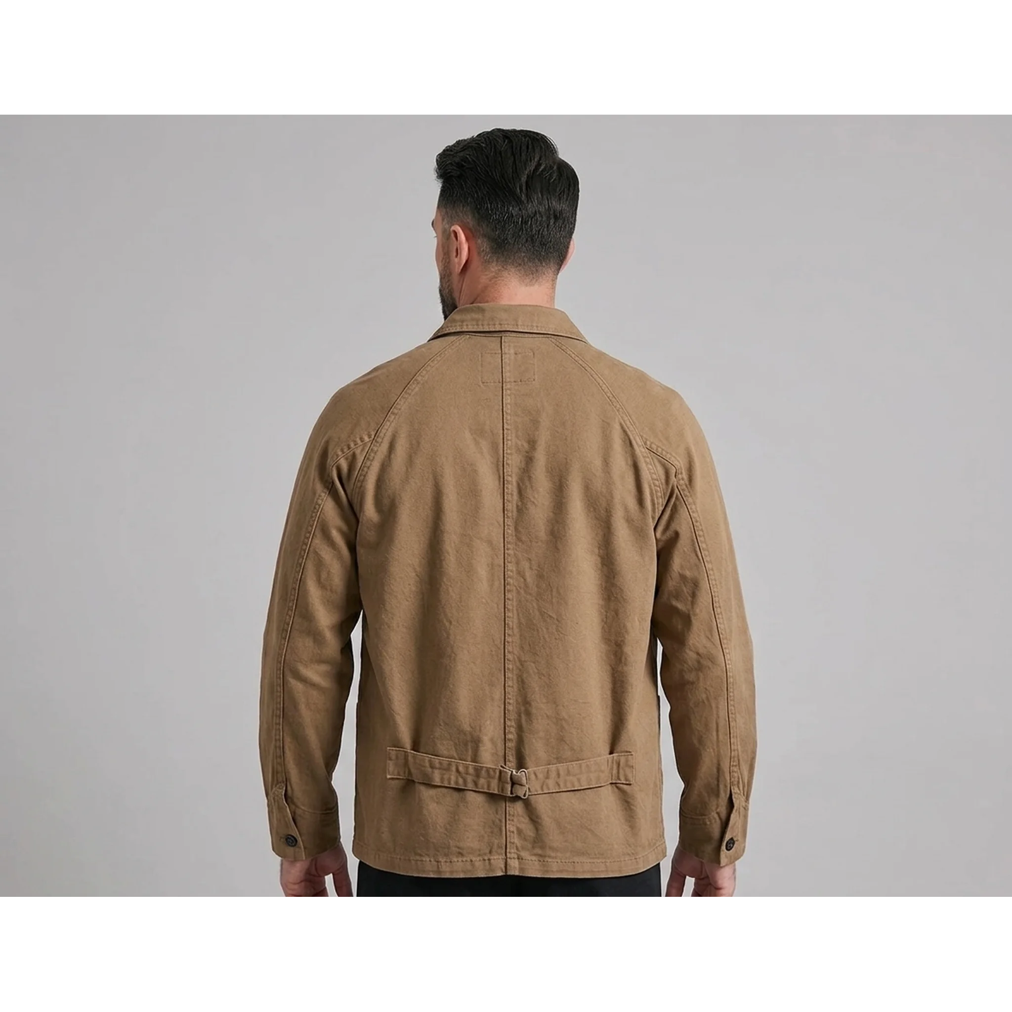 Maden Vintage Jackets for Men Loose Cotton Solid Chore Coat Amekaji Cargo Casual Jacket Man Clothing in Khaki, back view