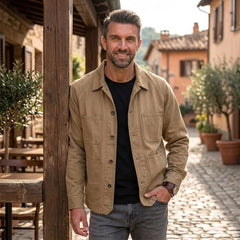 Maden Vintage Jackets for Men Loose Cotton Solid Chore Coat Amekaji Cargo Casual Jacket Man Clothing in Khaki, lifestyle view