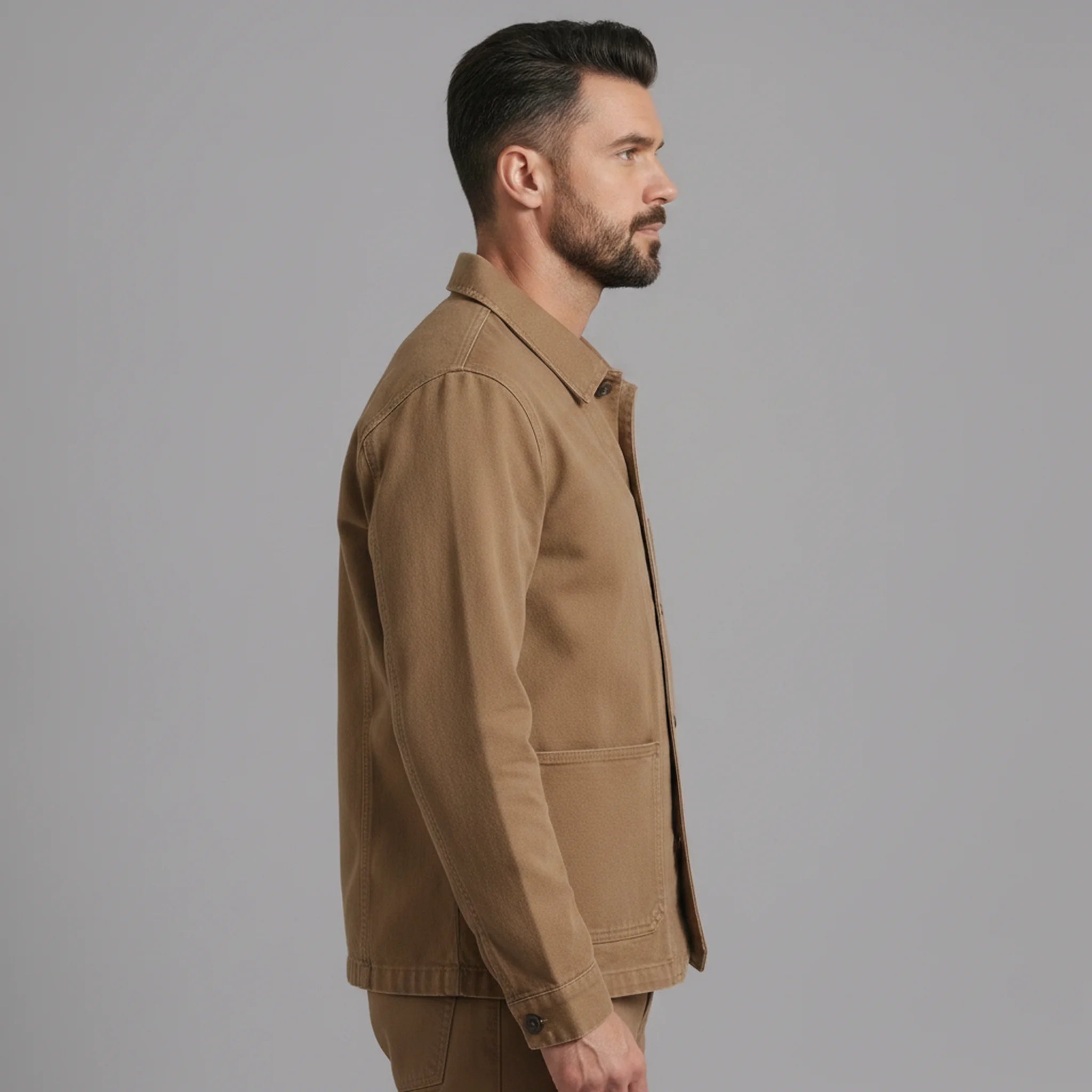 Maden Vintage Jackets for Men Loose Cotton Solid Chore Coat Amekaji Cargo Casual Jacket Man Clothing in Khaki, side view