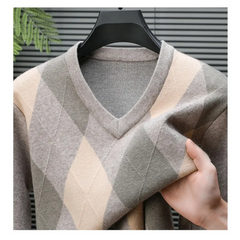 V-Neck Argyle Knitted Wool Sweater | Slim Fit Winter Pullover