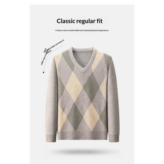 V-Neck Argyle Knitted Wool Sweater | Slim Fit Winter Pullover