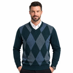 V-Neck Argyle Knitted Wool Sweater | Slim Fit Winter Pullover