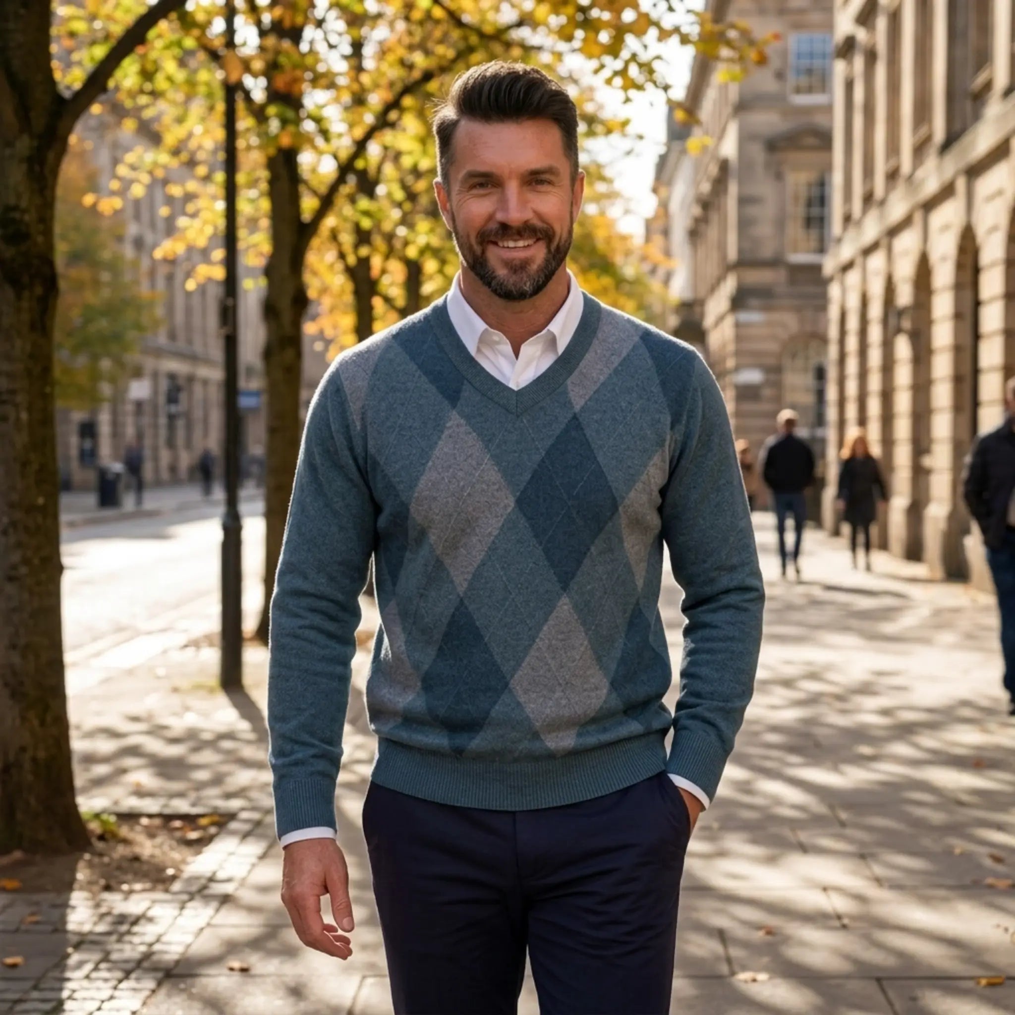 Man wearing MannerCo green argyle V-neck knitted sweater slim fit, back view on plain background