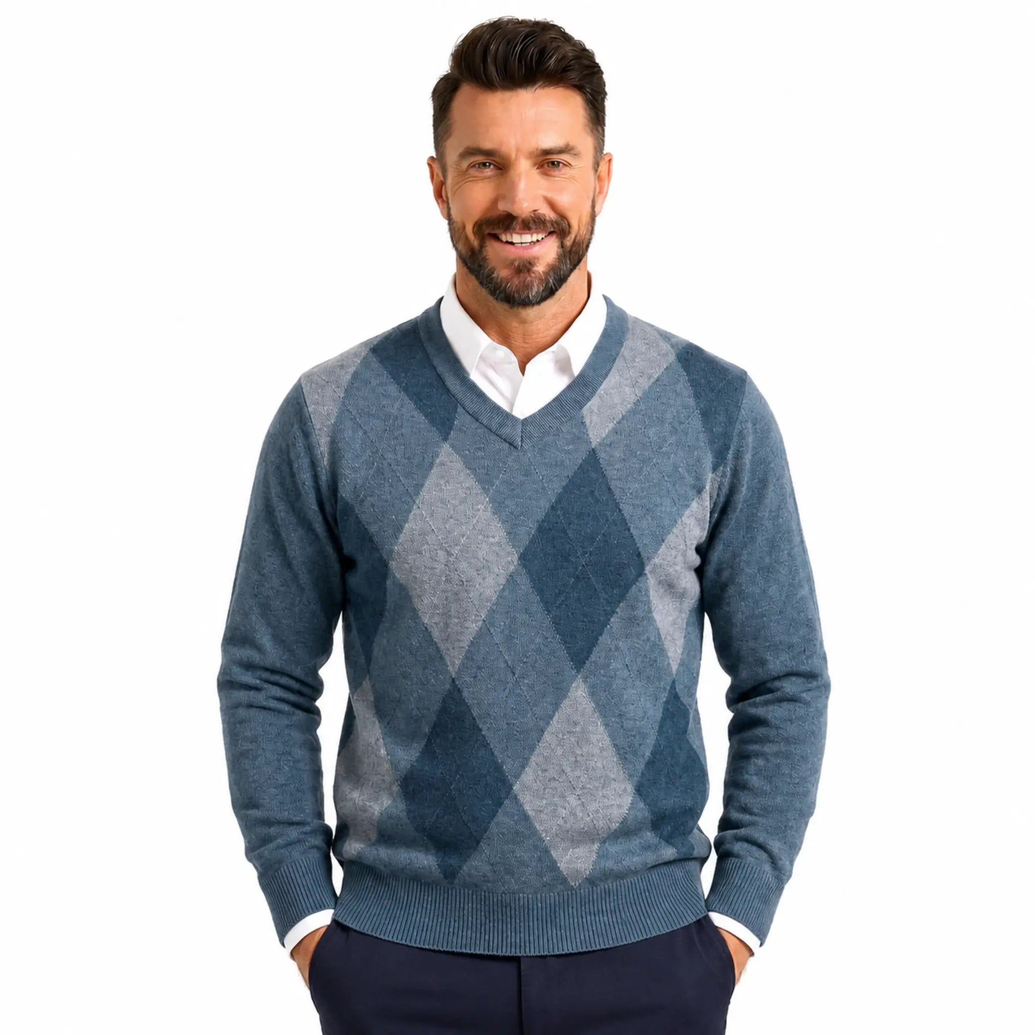 Man wearing MannerCo green argyle V-neck knitted sweater slim fit, front view lifestyle indoor