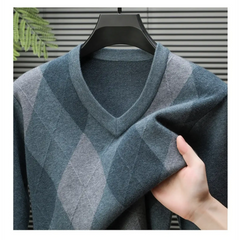 V-Neck Argyle Knitted Wool Sweater | Slim Fit Winter Pullover