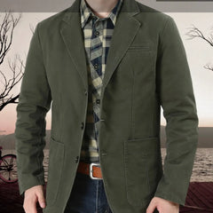 MannerCo army green washed cotton casual blazer jacket with plaid shirt front view on male model