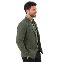 MannerCo army green washed cotton casual blazer jacket side view with plaid shirt