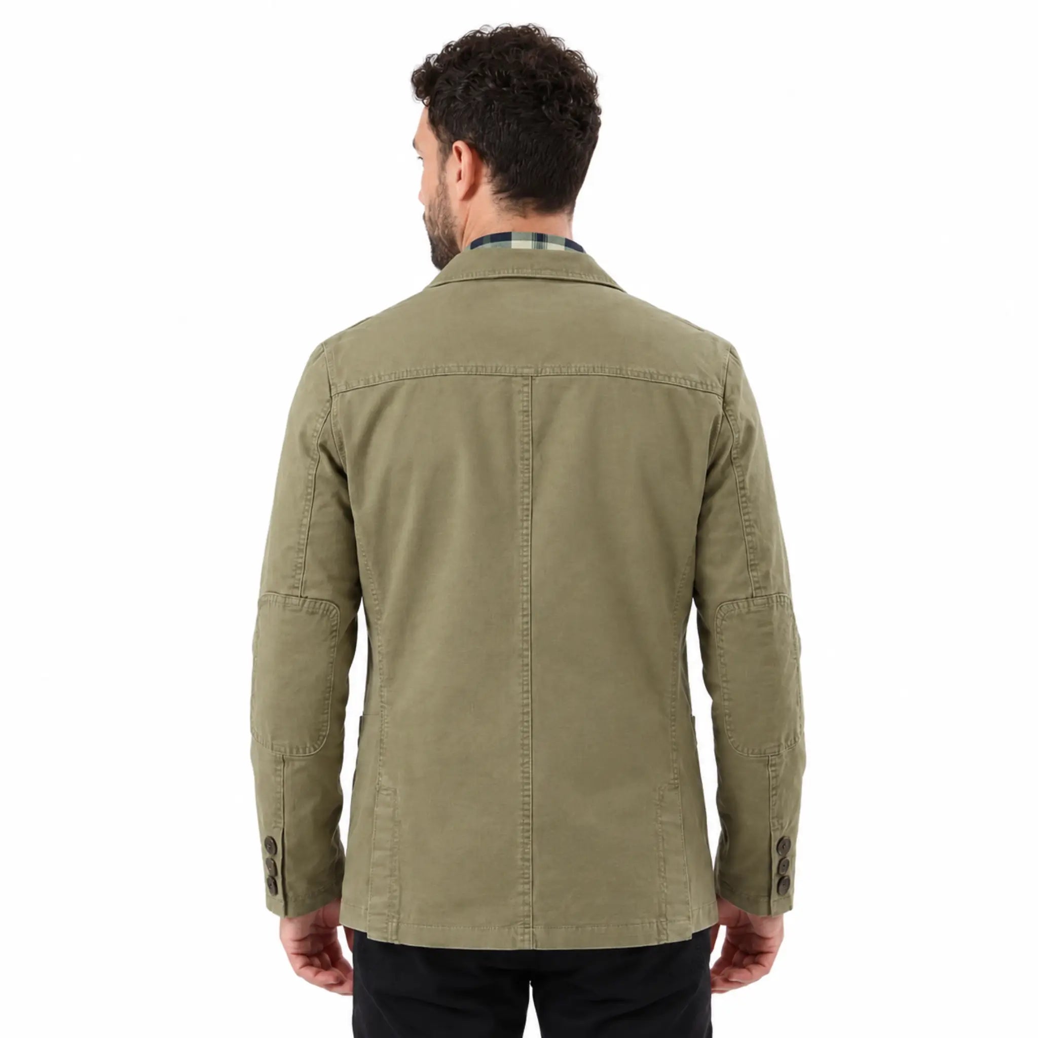 MannerCo army green washed cotton casual blazer jacket back view with button cuffs on male model