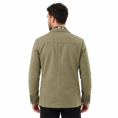MannerCo army green washed cotton casual blazer jacket back view with button cuffs on male model