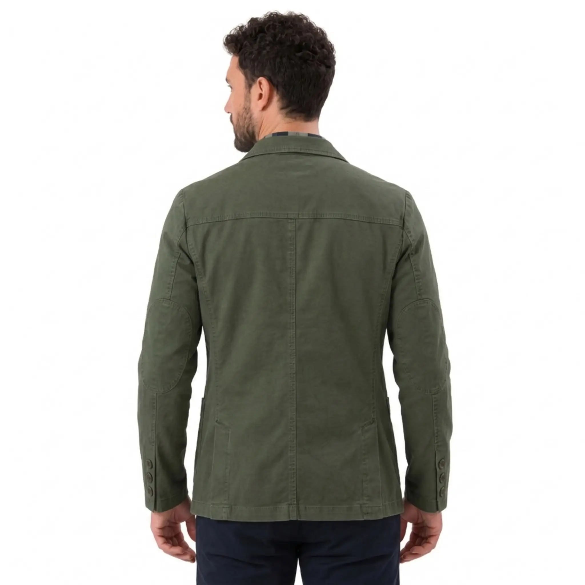 MannerCo army green washed cotton casual blazer jacket back view with elbow patches on male model