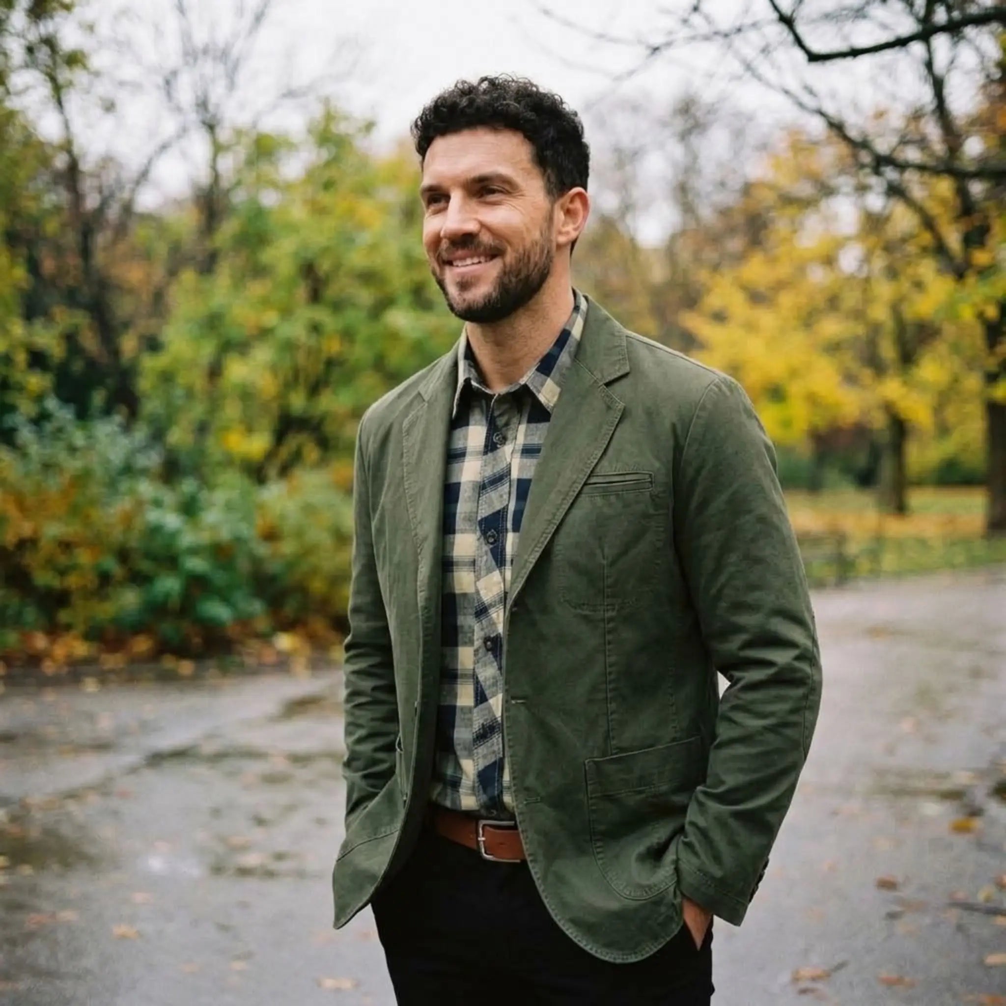 MannerCo army green washed cotton casual blazer jacket worn outdoors in autumn park setting