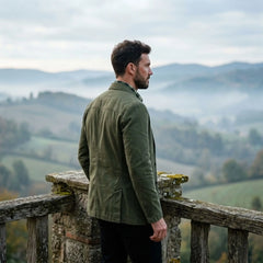 MannerCo army green washed cotton casual jacket worn outdoors with misty hill backdrop