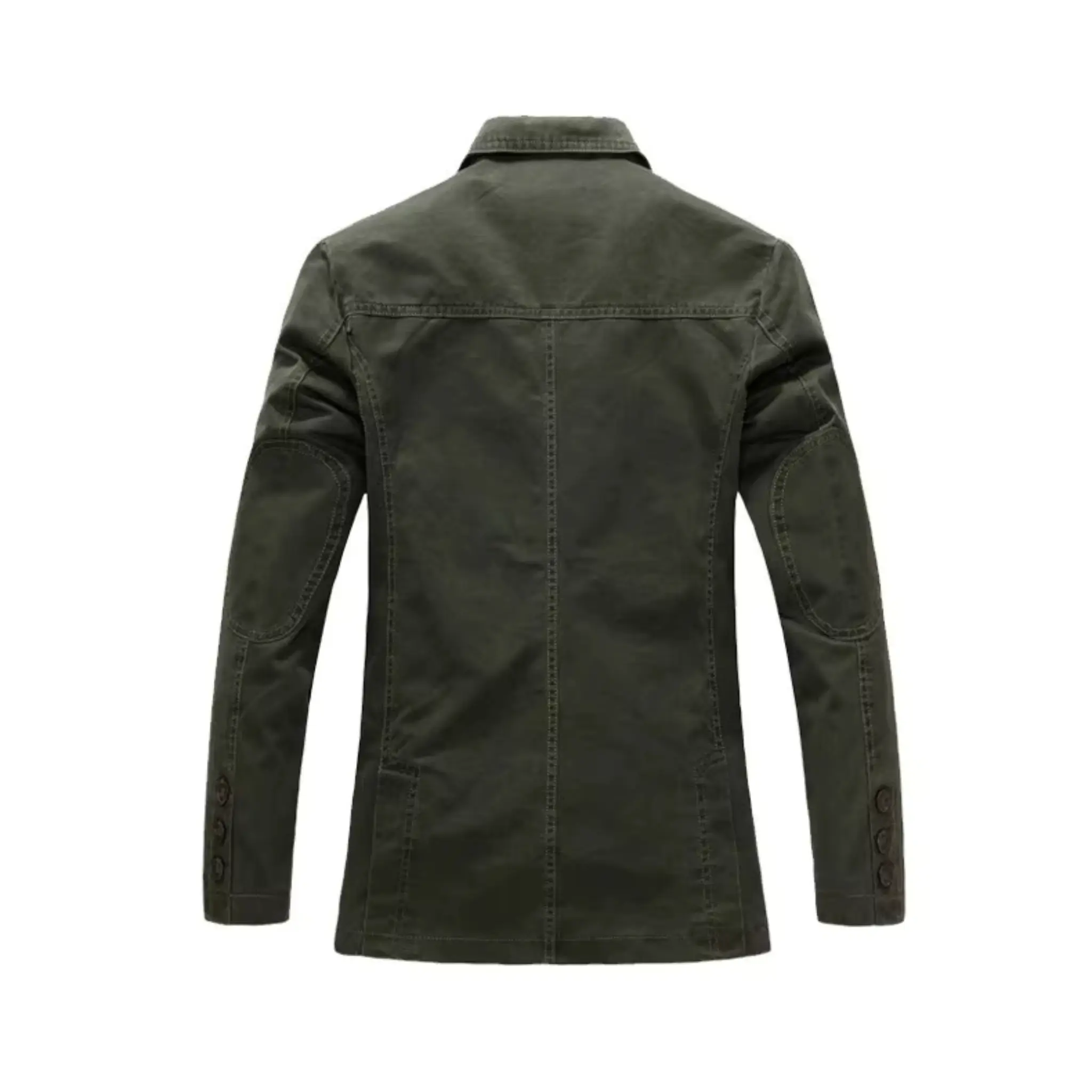 MannerCo army green washed cotton casual blazer jacket back view with elbow patches product display