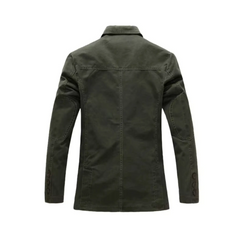 MannerCo army green washed cotton casual blazer jacket back view with elbow patches product display