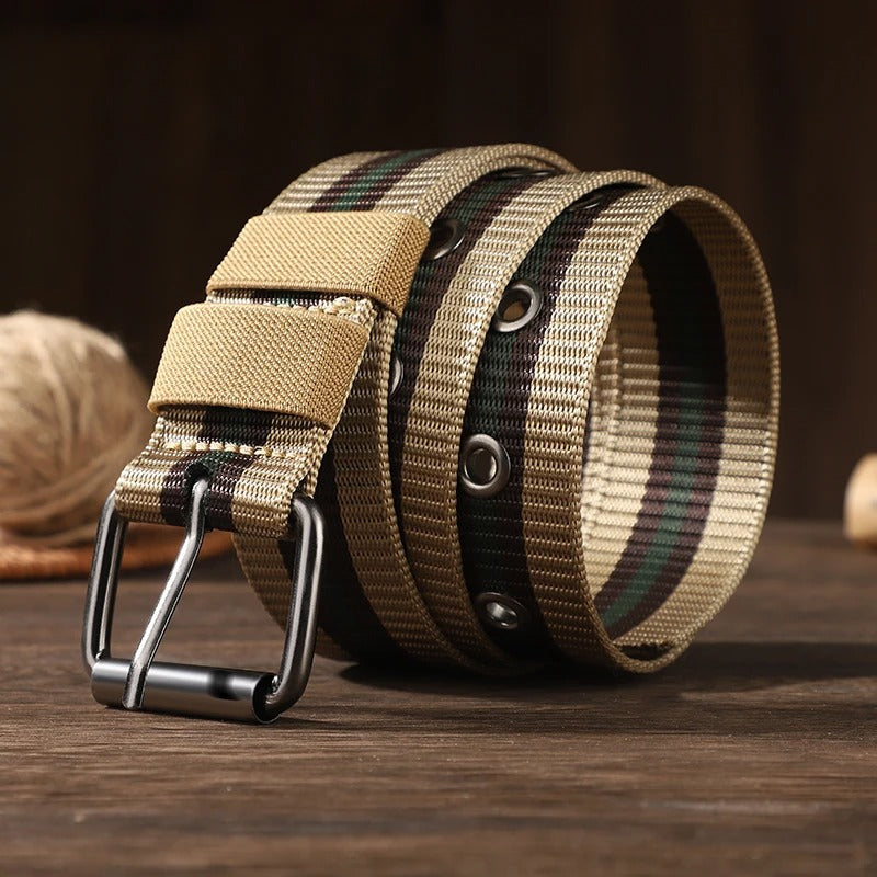 Army green striped canvas braided belt laid flat showing full length and striped polyester pattern