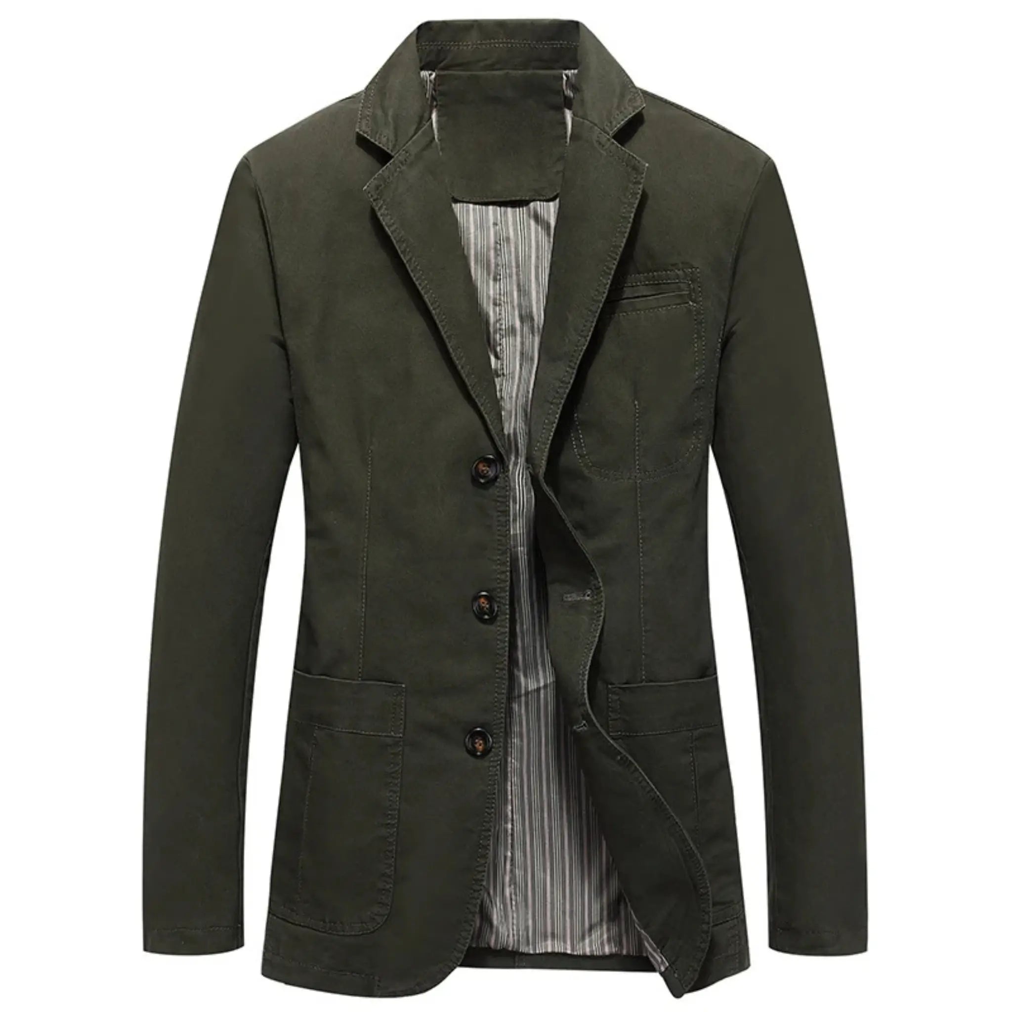 MannerCo army green washed cotton casual blazer jacket single-breasted 3-button striped lining
