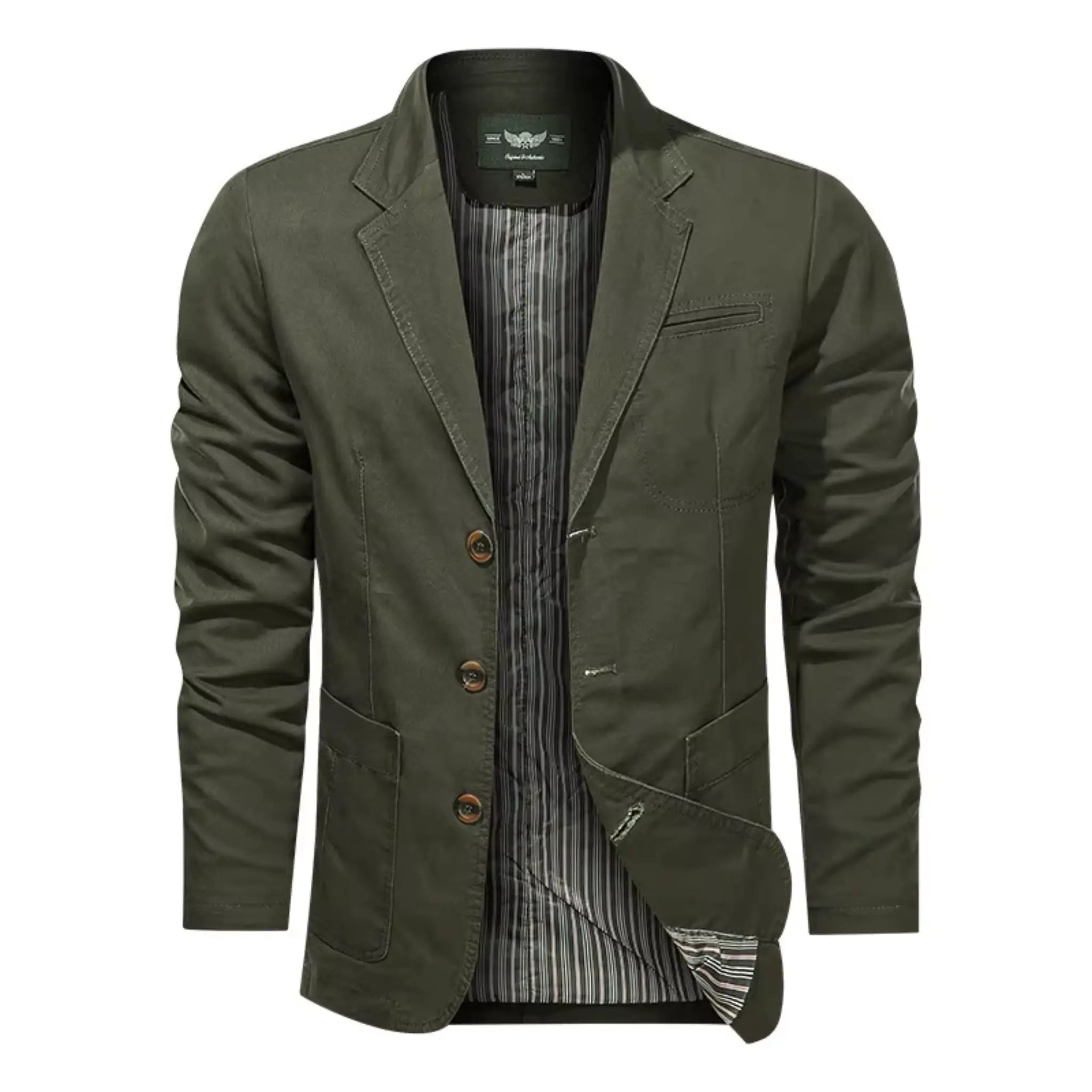 MannerCo army green washed cotton casual blazer jacket single-breasted with striped lining display