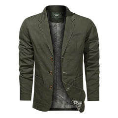 MannerCo army green washed cotton casual blazer jacket single-breasted with striped lining display