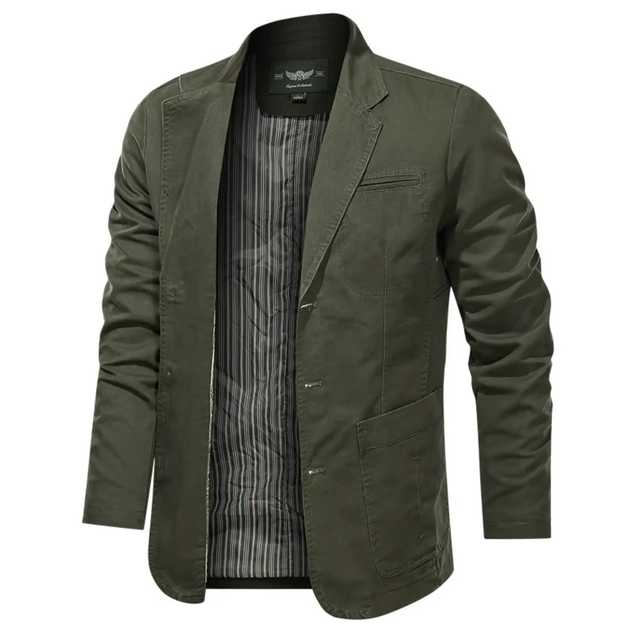 MannerCo army green washed cotton casual blazer jacket open front striped lining patch pockets