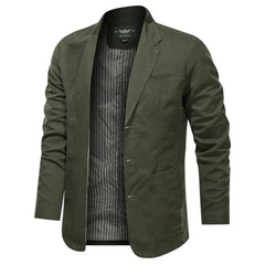 MannerCo army green washed cotton casual blazer jacket open front striped lining patch pockets