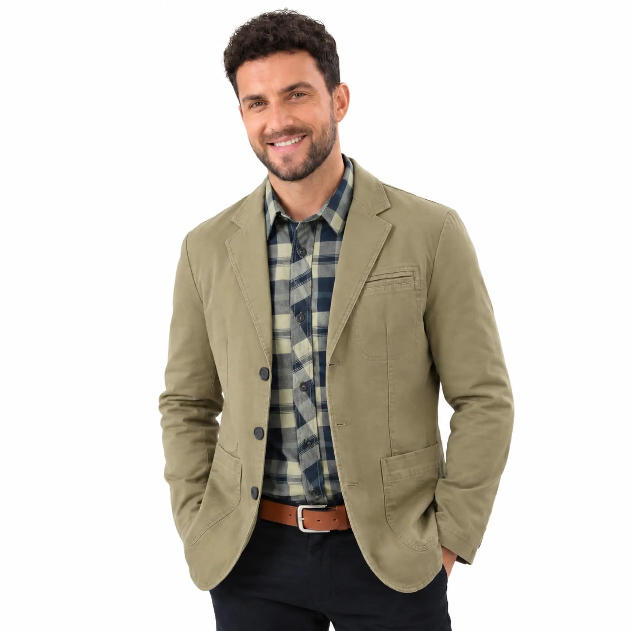 MannerCo army green washed cotton casual blazer jacket with plaid shirt styling front view