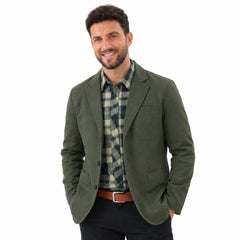 MannerCo army green washed cotton casual blazer jacket with plaid shirt front view