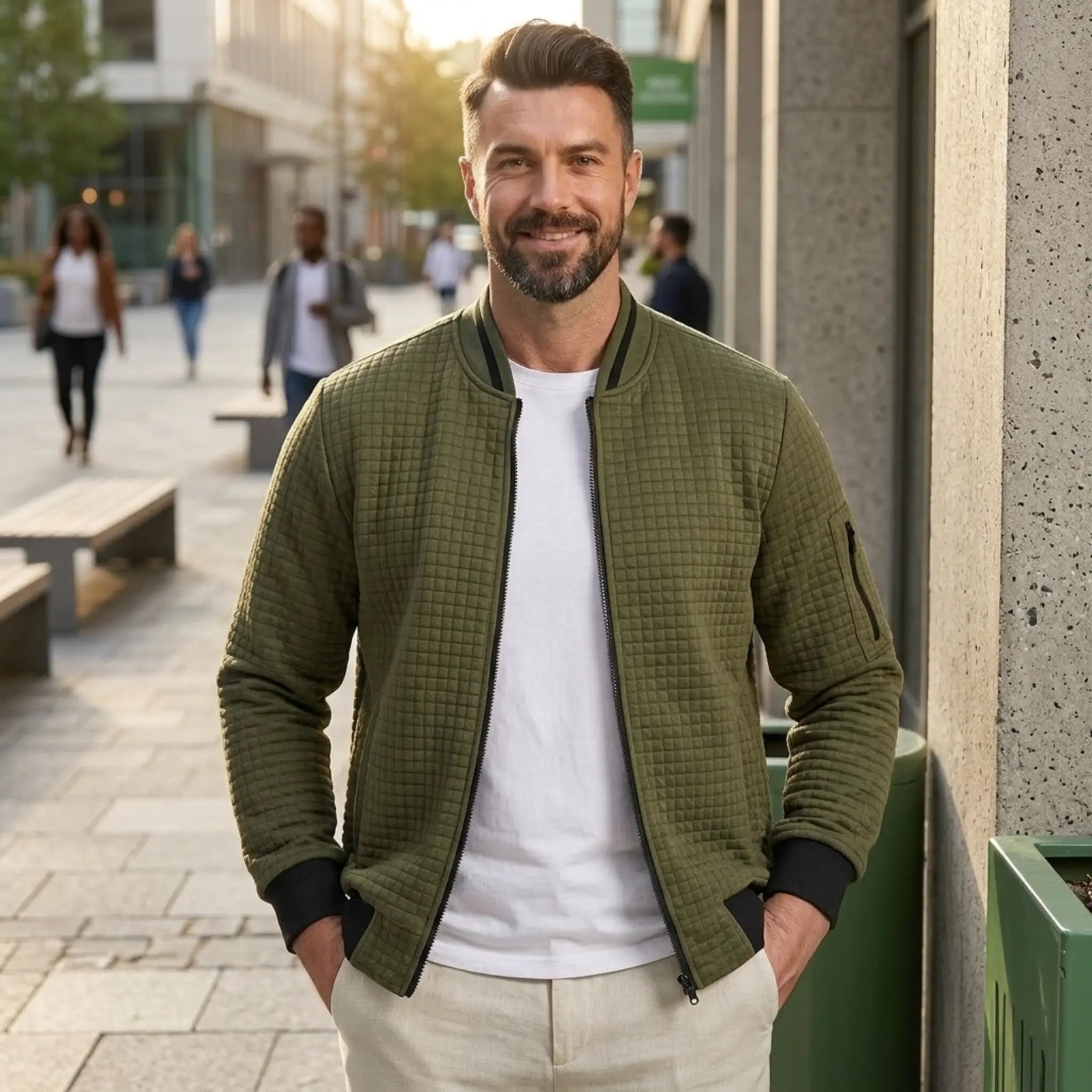 Man wearing MannerCo army green quilted zip-up baseball jacket in outdoor lifestyle setting