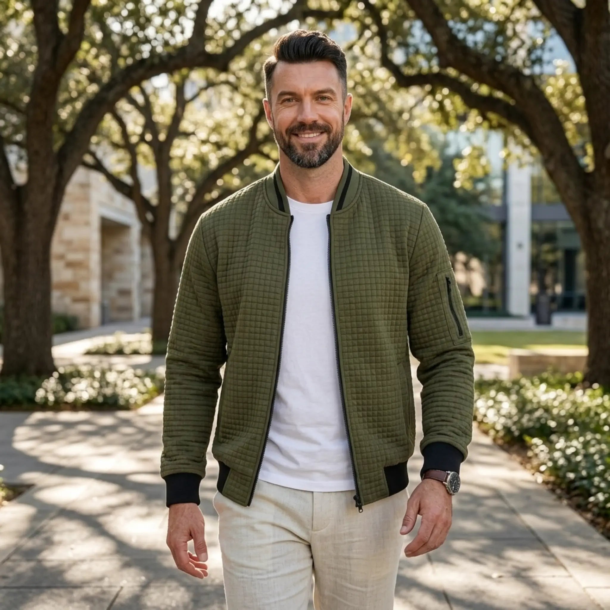 Man wearing MannerCo army green quilted zip-up baseball jacket in outdoor lifestyle setting