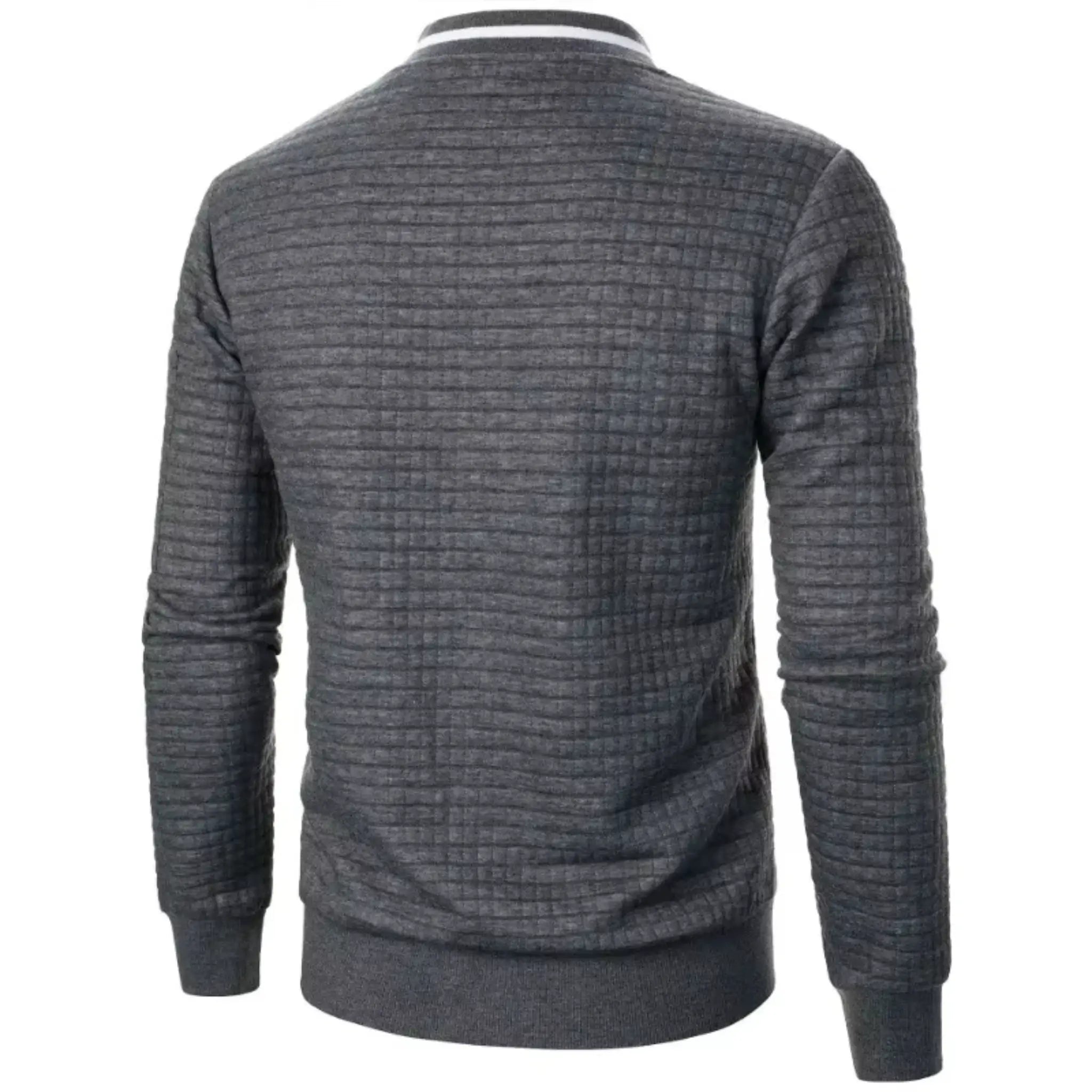 MannerCo dark gray quilted zip-up baseball jacket back view with stand collar and ribbed cuffs