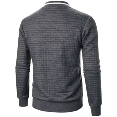 MannerCo dark gray quilted zip-up baseball jacket back view with stand collar and ribbed cuffs