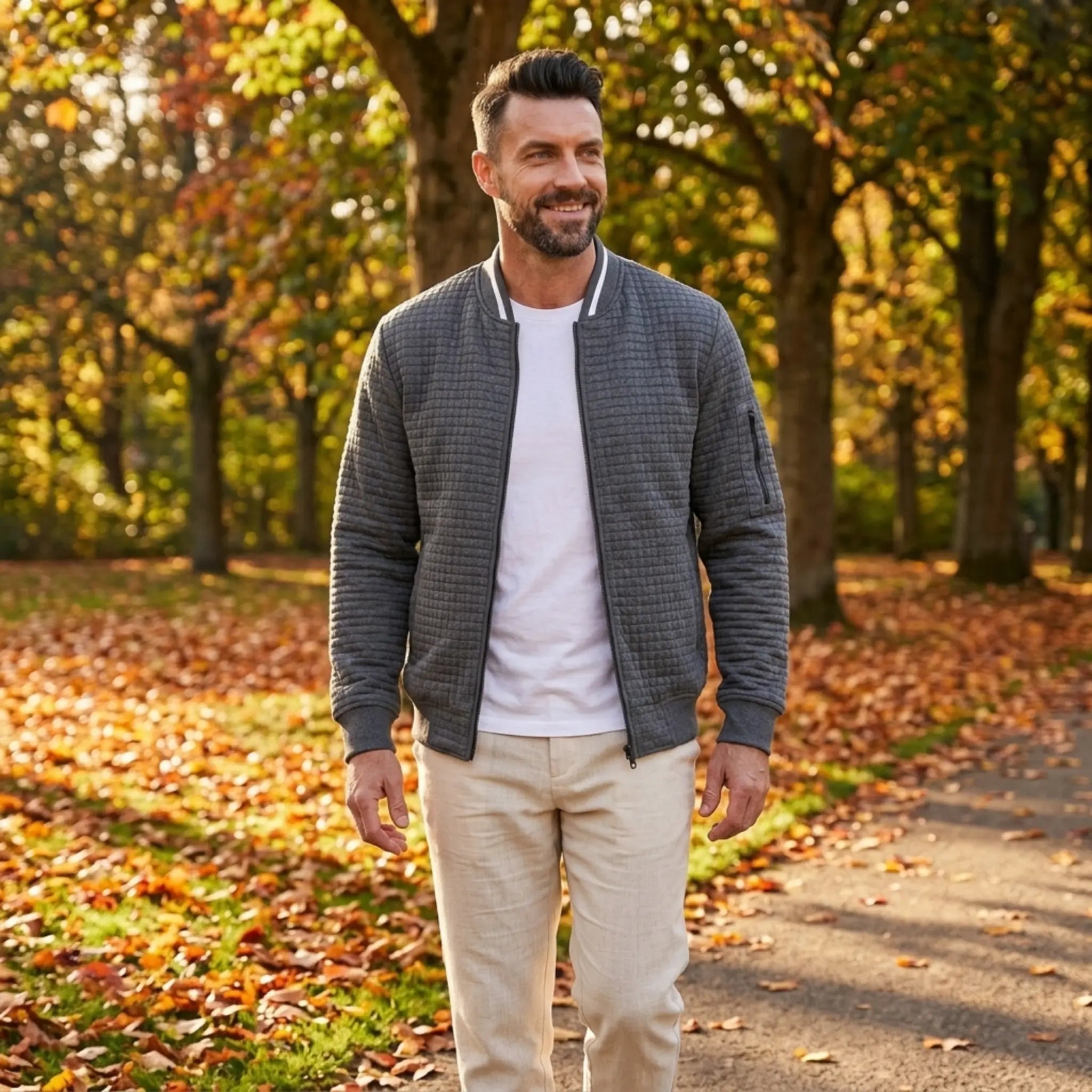 Man wearing MannerCo dark gray quilted zip-up baseball jacket in outdoor lifestyle setting