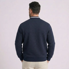 MannerCo navy quilted zip-up baseball jacket with stand collar, back view