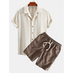 Floral Checkerboard Jacquard Cuban Shirt & Linen Cotton Drawstring Shorts - 2 Piece Summer Outfit