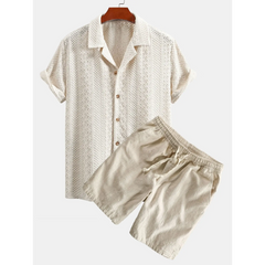 Floral Checkerboard Jacquard Cuban Shirt & Linen Cotton Drawstring Shorts - 2 Piece Summer Outfit