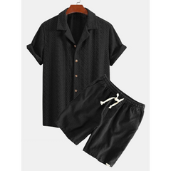 Floral Checkerboard Jacquard Cuban Shirt & Linen Cotton Drawstring Shorts - 2 Piece Summer Outfit