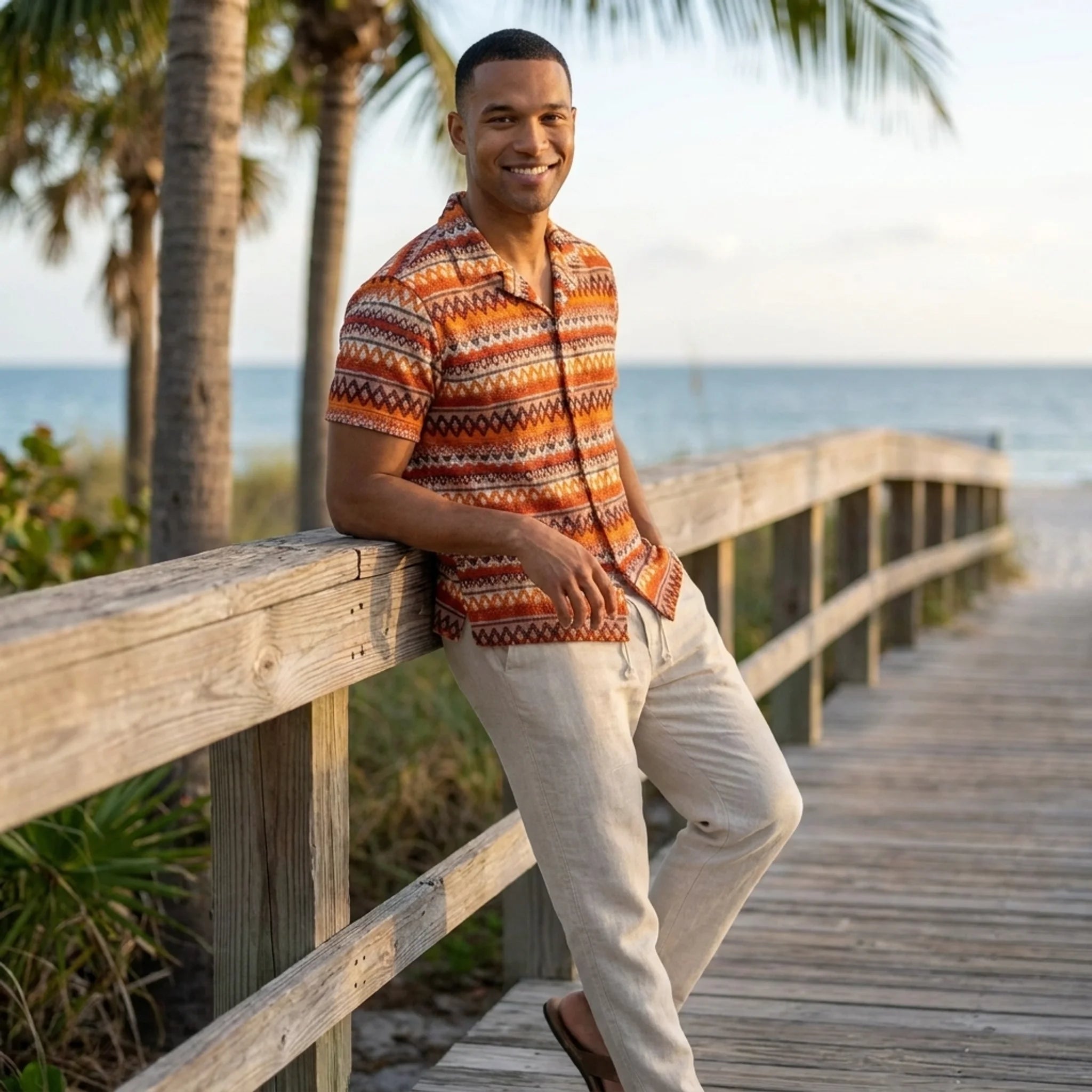 Man wearing beige geometric Cuban shirt and straight leg linen pants in outdoor lifestyle setting