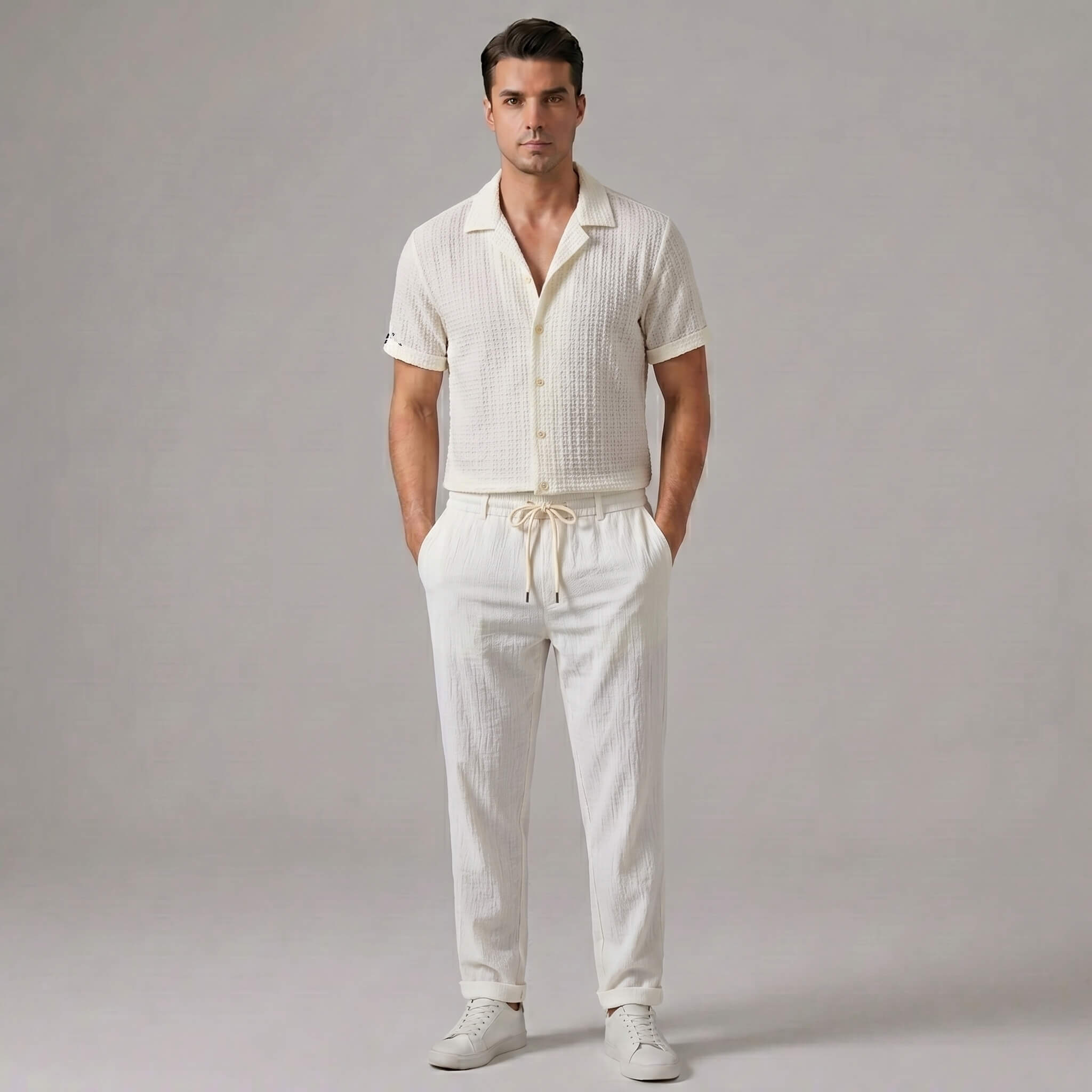 Man wearing beige jacquard Cuban collar shirt and crinkle textured straight leg pants front view