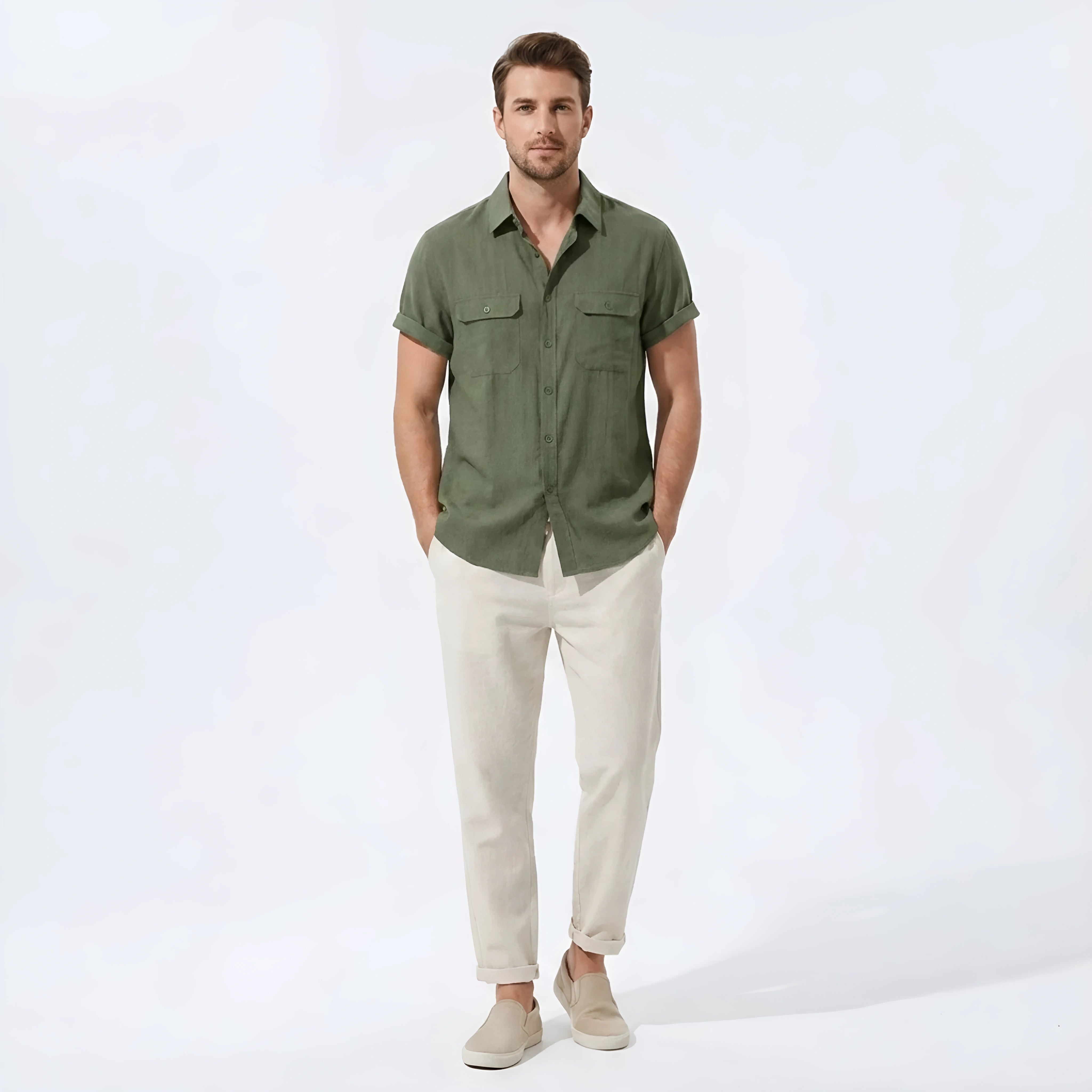 Man wearing beige linen rayon blend pocket utility shirt and straight leg linen pants front view