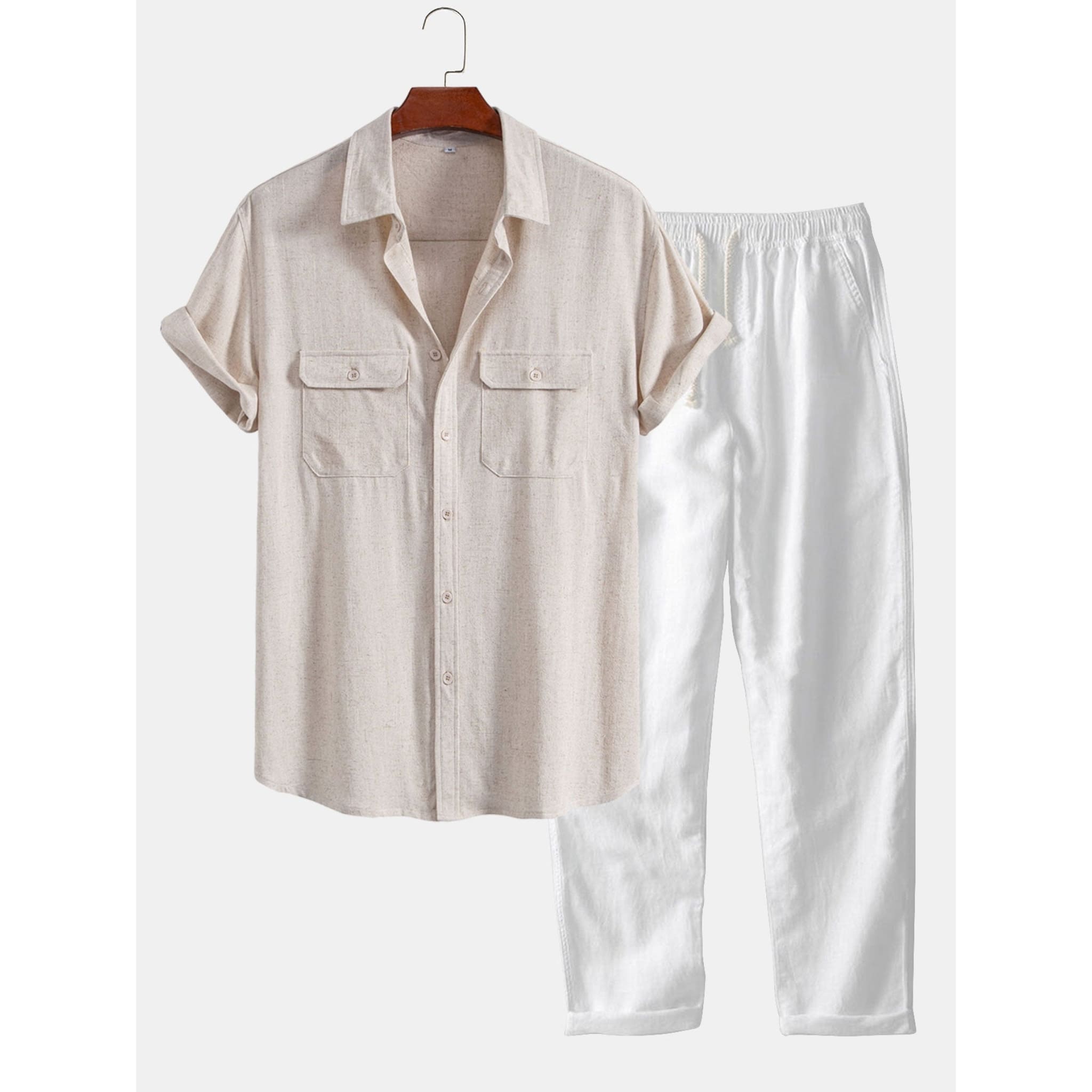 Beige shirt and white pants on a hanger against a white background