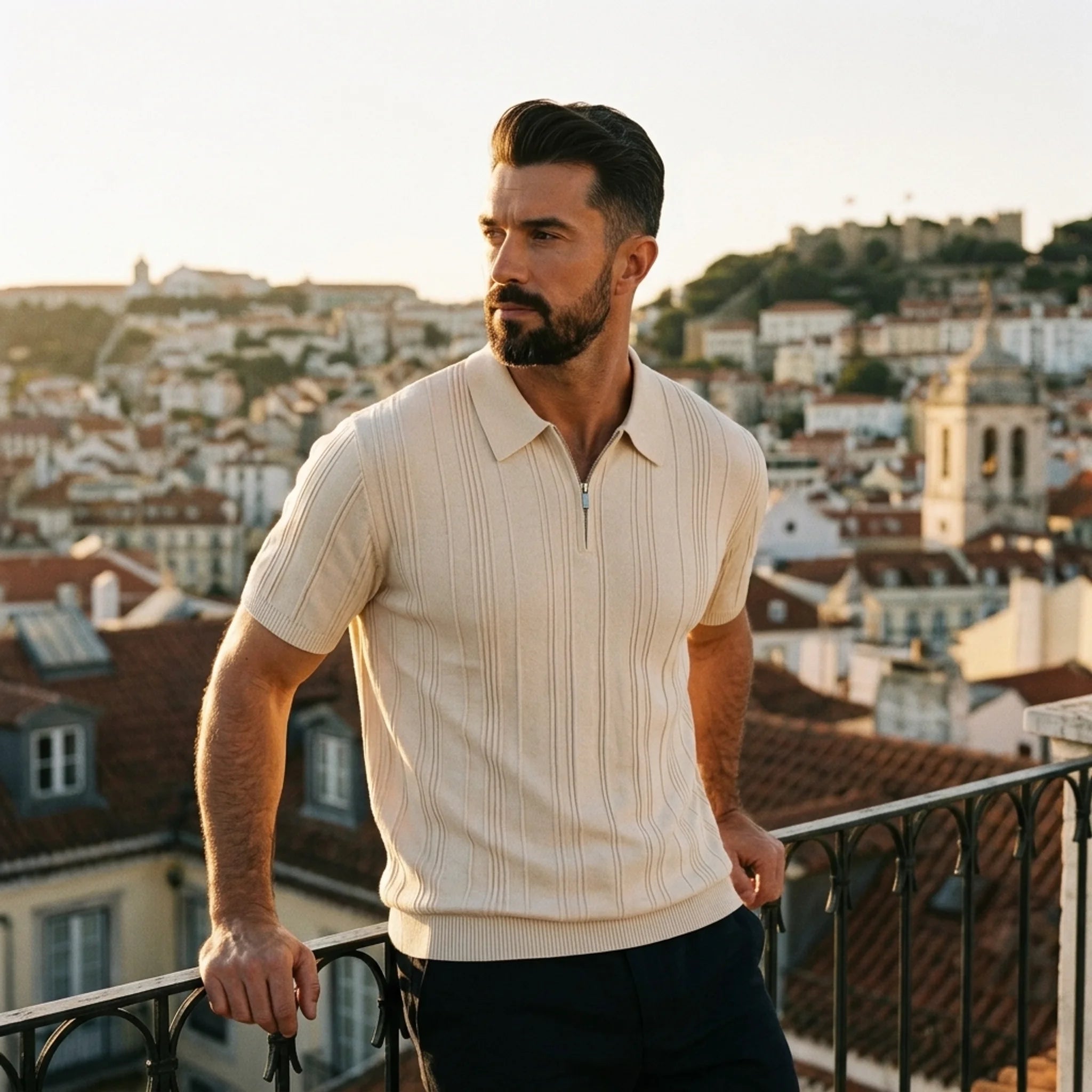 Back view of man wearing beige stripe jacquard knit zip-up polo shirt