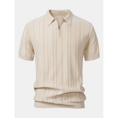 Stripe Jacquard Knit Zip-Up Polo Shirt | Smart Casual Short Sleeve