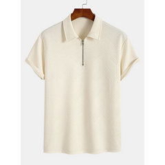 Stripe Jacquard Zip-Up Polo Shirt | Smart Casual Short Sleeve Polo