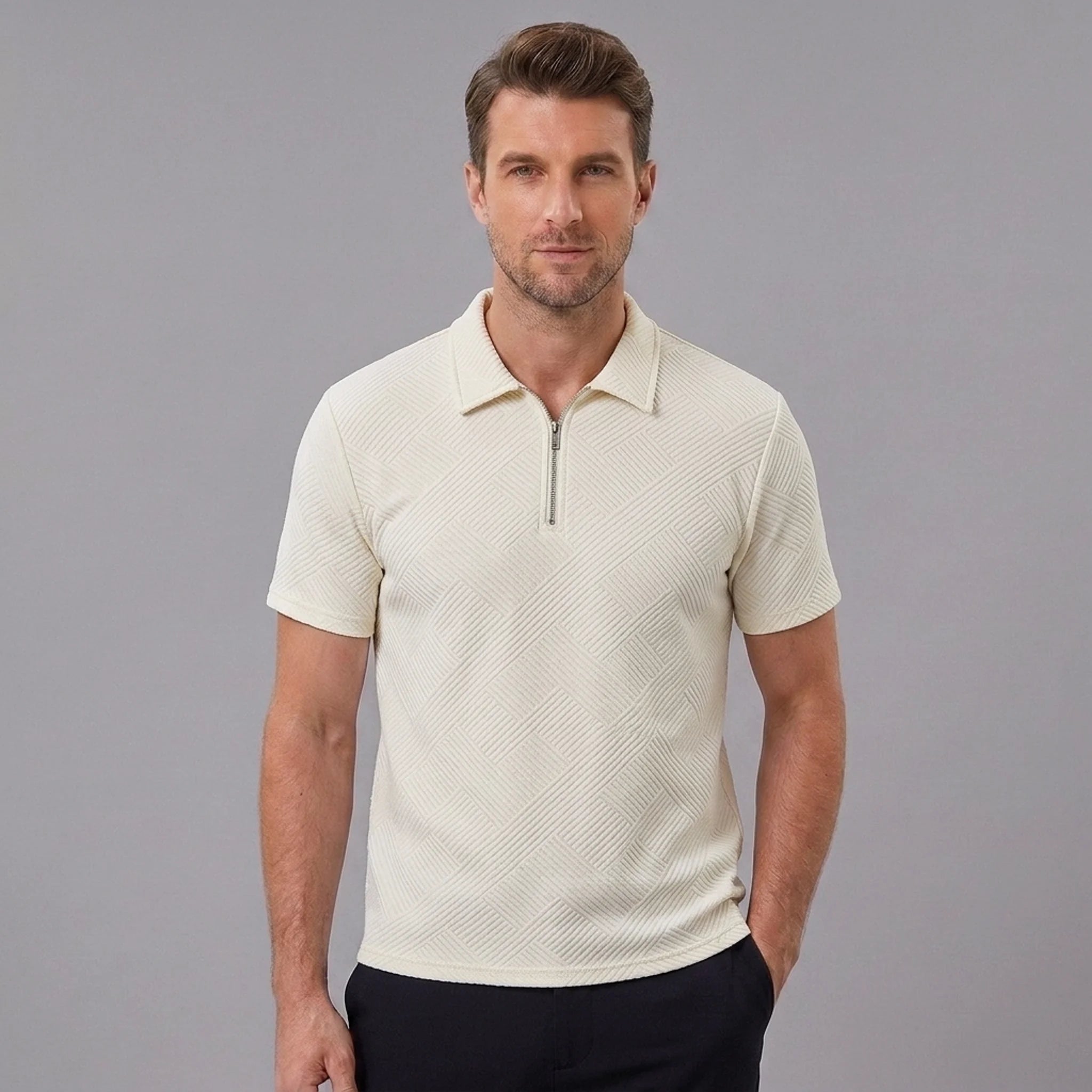 Man wearing a beige stripe jacquard zip-up polo shirt front view on plain background