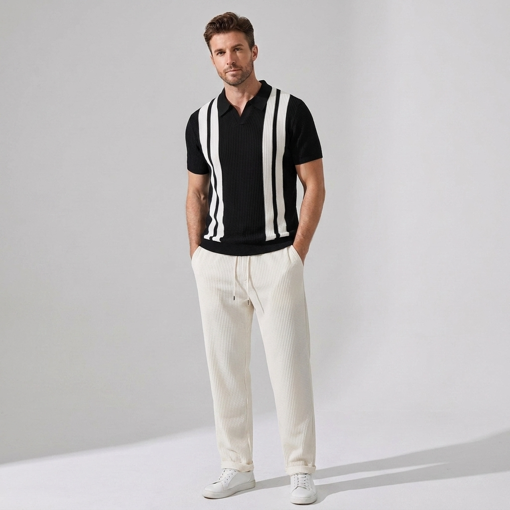 Man wearing beige striped knit Johnny collar polo and waffle pants in outdoor lifestyle setting